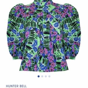 HUNTER BELL Green Floral Puff-Sleeve Blouse with Blue & Pink Flowers